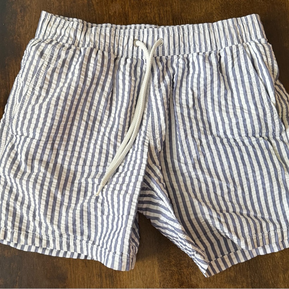 J. Crew Blue and White Striped Seersucker Men’s Swim Suit. Size Small.